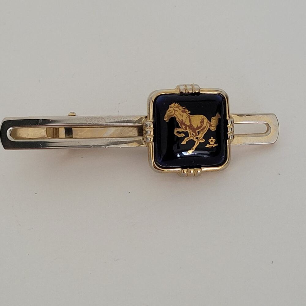 Limoges Castel France Gold Blue Tone Tie Clip Black‎ Horse Design 2 Inch